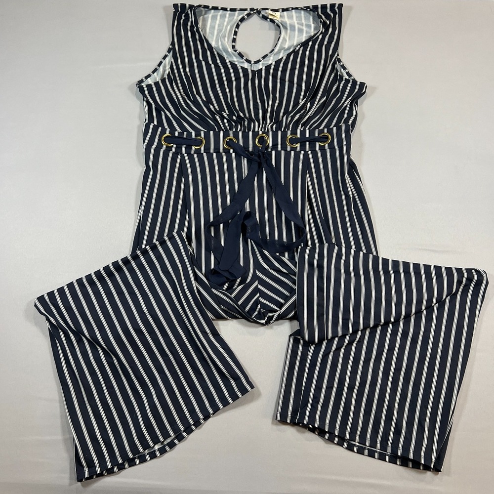 Wrapper Sleeveless Jumpsuit Womens 3x Navy White Striped Tie Waist Detail V Neck